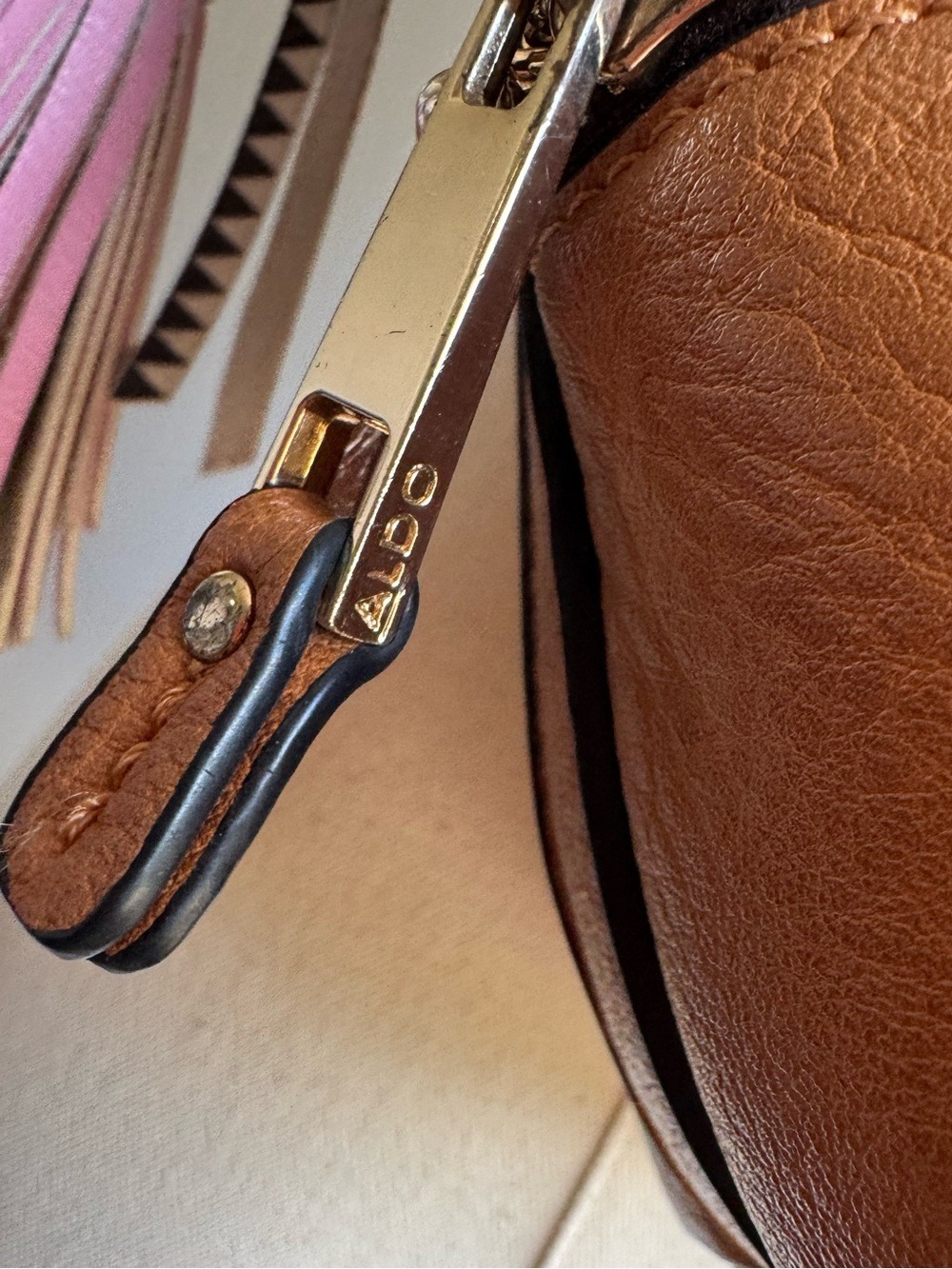 Also Faux Leather Bucket Crossbody Bag Cognac Brown Boho Tassels Zip Top Cute! - Picture 5 of 15